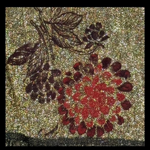 Vintage Gold Shimmery Scarf Red & Brown Floral Print Shimmery Gold Black Fringe - Picture 4 of 11